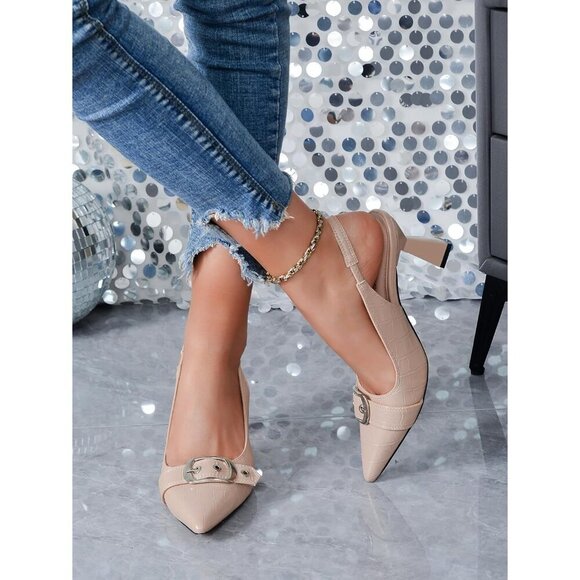 🆕 Apricot Synthetic Slingback Kitten Heels Women Pointed Toe Pumps Dress Shoes - Picture 11 of 13